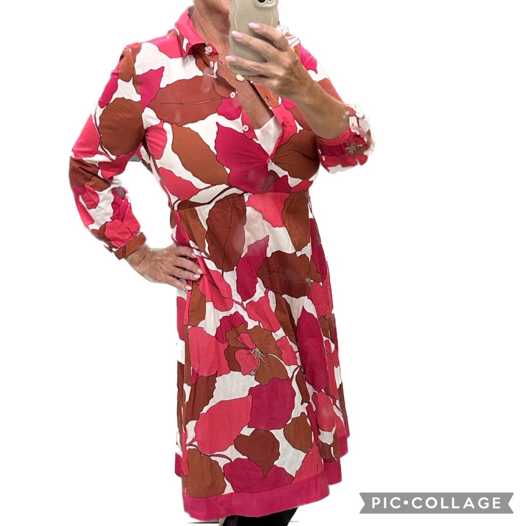Emme Marella Dress Floral Shirt Dress Mod Pink Brown White Size 2 — image 2 of 6